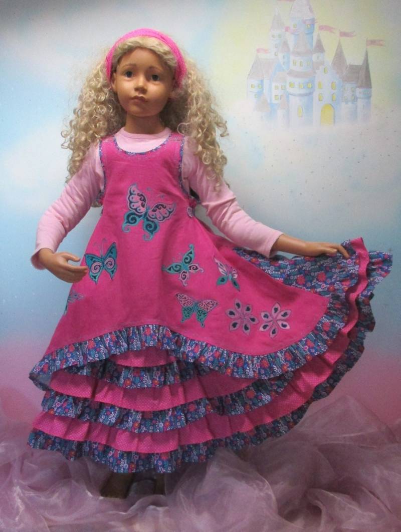 Kleid Leinen Gr.86-140 Schmetterlinge Butterfly Papillon Pink Türkis Blau Rüschenkleid Einschulung Unikat Handmade Feenkleiddesign von FeenkleidDesign2020
