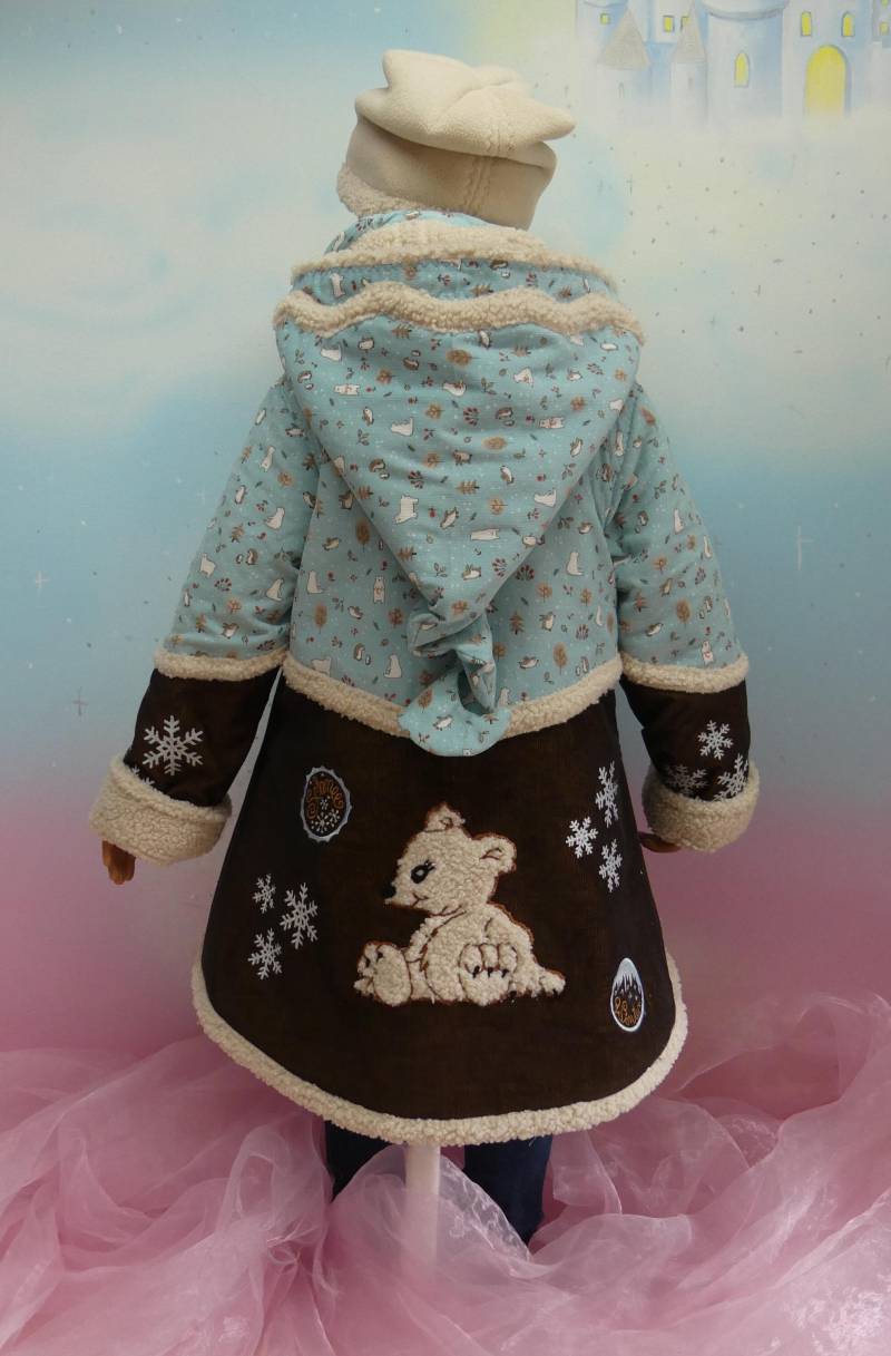 Mantel Gr. 86-140 Eisbär Schneeflocke Bär Pinguin Winter Teddy Jacke Jade Babycord Braun Taubenblau Plüsch Unikat Feenkleiddesign von FeenkleidDesign2020