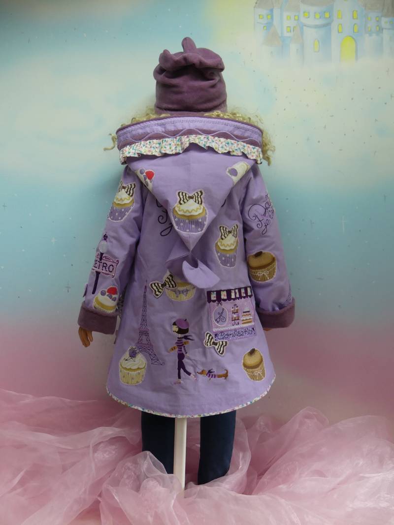 Mantel Parka Jade Cupcake Törtchen Eifelturm Jacke Gr.86-140 Je T'aime Paris Frankreich Flieder Lila Braun Unikat Feenkleiddesign von FeenkleidDesign2020