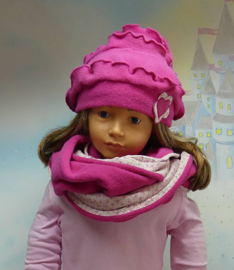 2Teile Xl Loop Schal Schlingschal Sabato Mütze Beanie Herz in Blüte Winter Fleece Babyfeincord Rosa Pink Unikat Handmade Feenkleiddesign von FeenkleidDesign2020