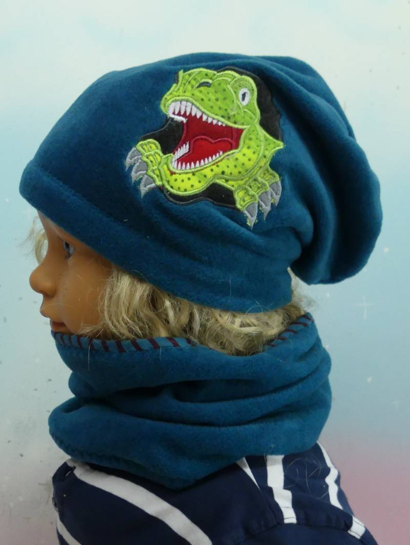 Beanie Mütze Loop Schal Schlauchschal Oder Als Set Dinosaurier Ringel Jersey Fleece Petrol Trex Dino Handmade Wunschgröße Feenkleiddesign von FeenkleidDesign2020