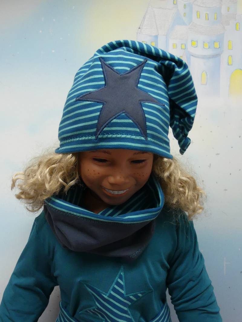 Beanie Mütze Loop Schal Schlauchschal Oder Als Set Stern Ringel Jersey Sweaty Petrol Türkis Grau Unikat Handmade Wunschgröße Feenkleiddesign von FeenkleidDesign2020