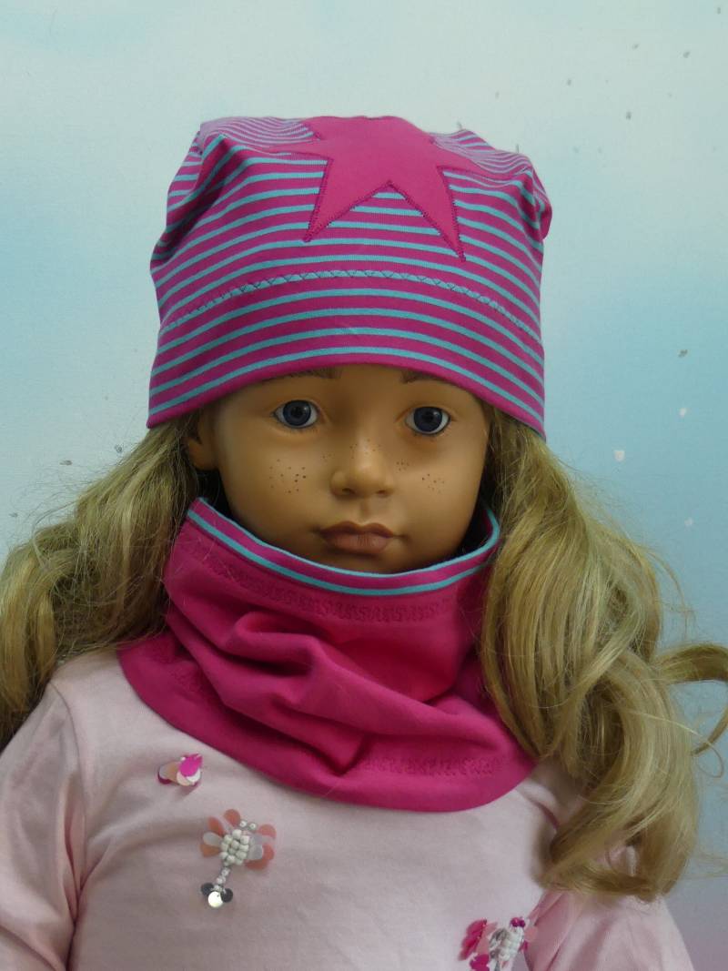 Beanie Mütze Loop Schal Schlauchschal Oder Als Set Stern Ringel Jersey Sweaty Pink Türkisblau Unikat Handmade Wunschgröße Feenkleiddesign von FeenkleidDesign2020