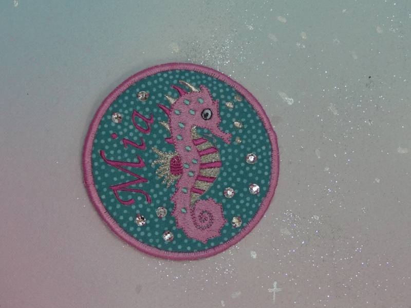 Klettie Patch 11 cm Seepferdchen Meerjungfrau Schulkind Für Magnet Schulranzen Türkis Rosa Applikation Einschulung Feenkleiddesign von FeenkleidDesign2020