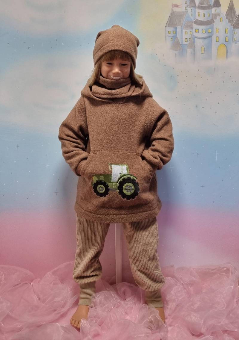 Traktor 100% Merino Woll Walk Pullover Superweicher Griff Individuell Gestalten Braun Gr.86-140 Winter Hoodie Unikat Feenkleiddesign von FeenkleidDesign2020