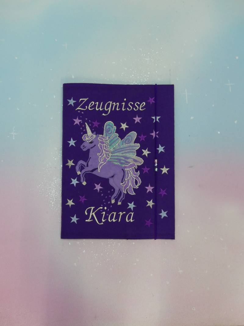 Zeugnismappe Passen Zur Schultüte Aus Stoff Wunschname Pegasus Einhorn Einschulung Unikat Feenkleiddesign von FeenkleidDesign2020