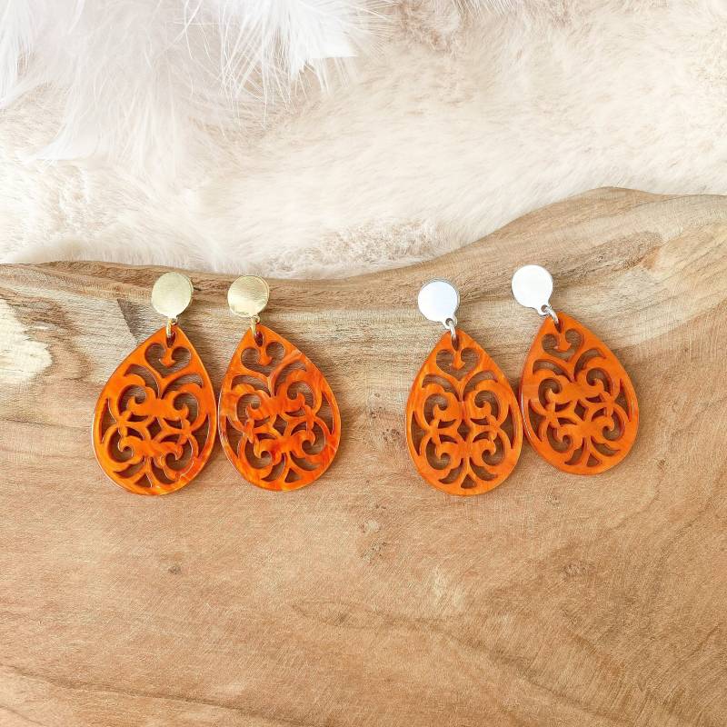 Barock Ohrringe "Clara" Orange - Stecker in Gold & Silber Epoxid Harz von Feenmanufaktur