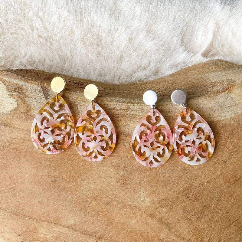 Barock Ohrringe "Clara" Rosa Beige - Stecker in Gold & Silber Epoxid Harz von Feenmanufaktur