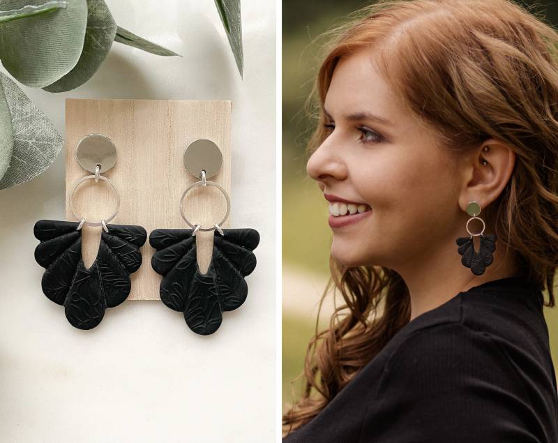 Polymer Clay Ohrringe "Beatrice" in Silber Schwarz von Feenmanufaktur