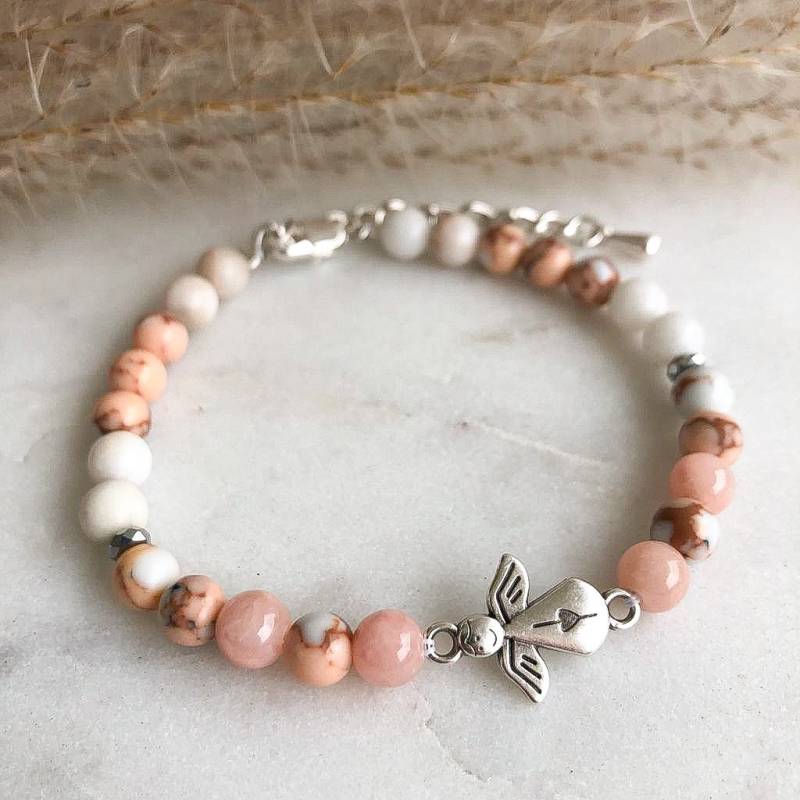 Schutzengel Edelstein Armband Rosenquarz Perlen Jade Naturstein Silber Rosa Handgemacht - Individualisierbar Geburt Geschenk Perlenarmband von Feenmanufaktur