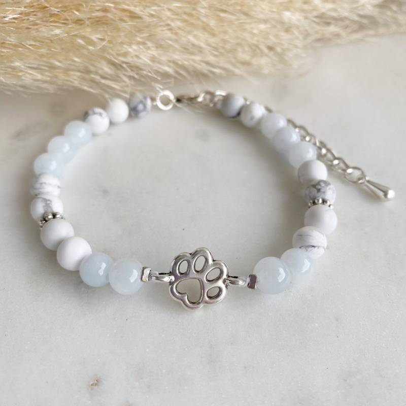 Tierliebe Edelstein Pfote Armband Aquamarin Perlen Naturstein Silber Blau - Tier Geschenk Perlenarmband Hund Katze Marmoriert von Feenmanufaktur