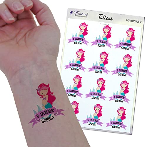 FEENSTAUB Tattoo Kinder Meerjungfrau personalisiert, Klebetattoo mit Name & Alter, Gastgeschenke Kinder, Tattoo Sticker, Meerjungfrau Tattoo Kinder, Tattoos Kindergeburtstag zum Aufkleben von Feenstaub