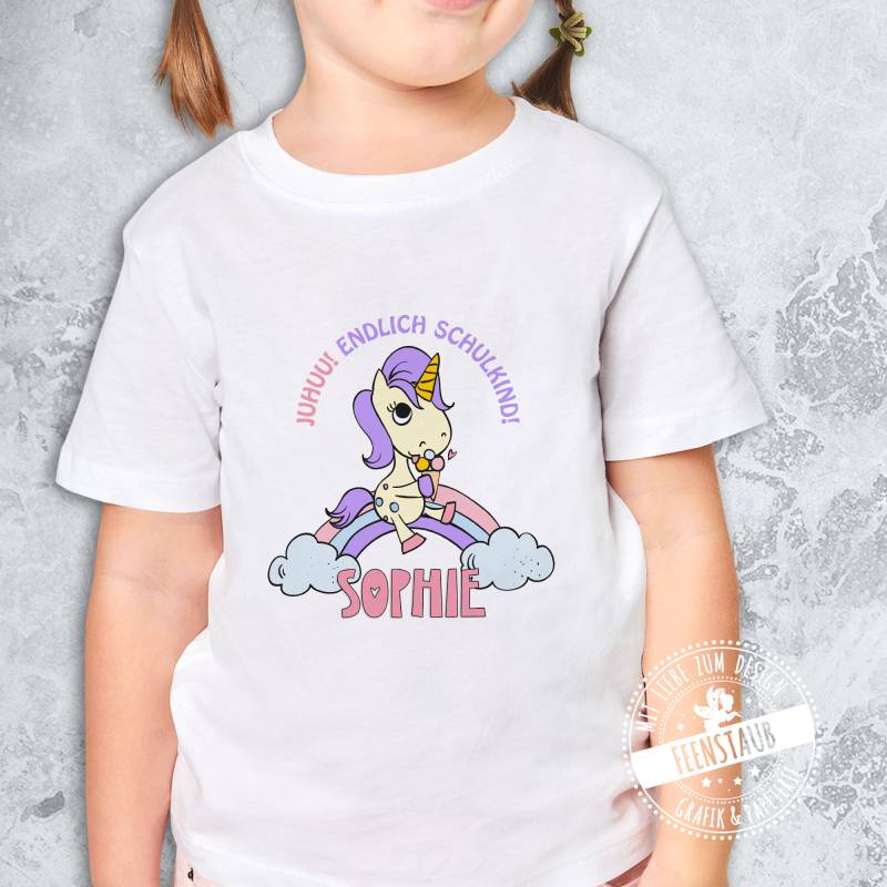 Bügelbild Einschulung Schulstart, Endlich Ein Schulkind, Bügelfolie Personalisierbar Mit Name Für Mädchen Einhorn & Regenbogen Schulbeginn von FeenstaubHandmade