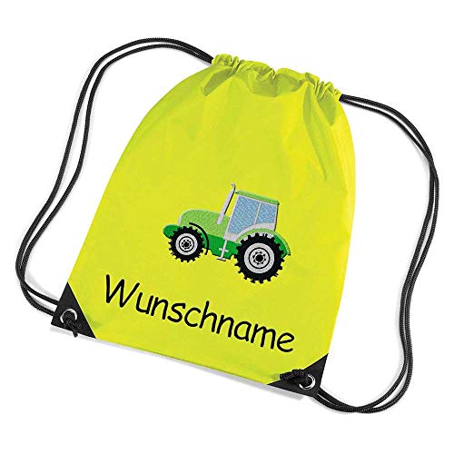 Turnbeutel Traktor Bestickt mit Namen personalisiert Neongelb Sportbeutel Schuhbeutel Schwimmbeutel Wäschebeutel 45x33 cm von Feenstickerei