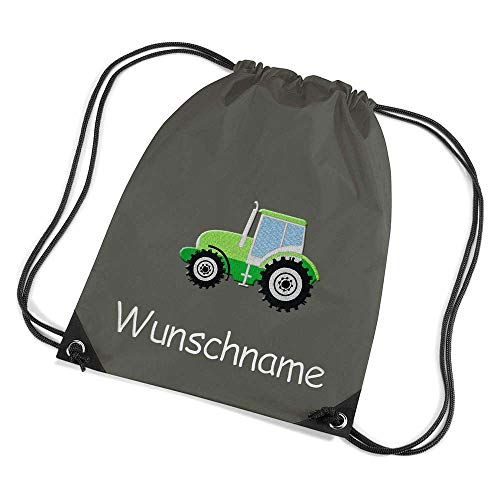 Turnbeutel Traktor Bestickt mit Namen personalisiert Olive Sportbeutel Schuhbeutel Schwimmbeutel Wäschebeutel 45x33 cm von Feenstickerei