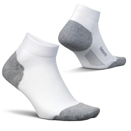 Feetures Elite Max Cushion Low Cut Socken – Sportsocken für Laufsport mit gezielter Kompression – (1 Paar), Farbe: Weiß, Large von Feetures