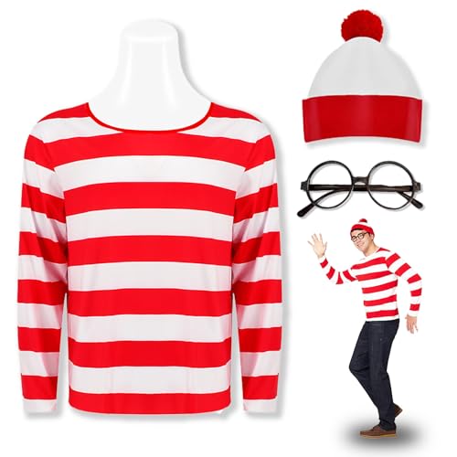 Feeziloe Herren Where's Wally Kostüm, Zylinder Brille Socken Kostüm Set, Rot und Weiß Top Fresher Kostüm Welttag Kostüme Fasching, rot / weiß, XXXXL von Feeziloe