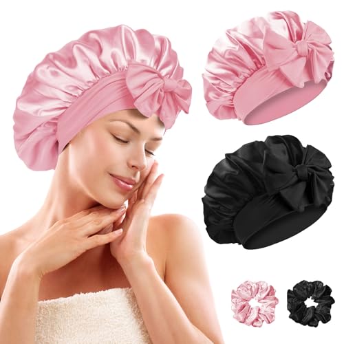 Fefod Satin Haarhaube für Damen, 2 Stück Seidenhaube Zum Schlafen, Verstellbare Schlafhaube Haare Schützen für die Nacht Bonnet mit elastischem Band（Schwarz+Rosa+2*Haargummis） von Fefod