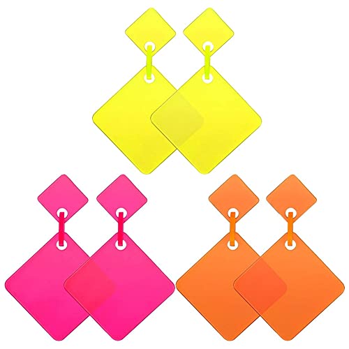 Fegtrty 3 Paar 80Er Neon-Ohrringe Retro-Ohrringe 80Er Quadratische Tropfen-Ohrringe für Damen MäDchen Cosplay Party-Accessoire von Fegtrty