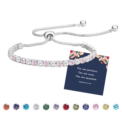 Fehki Tennis-Armband für Damen, Kristall, Kordelzug, verstellbar, Geburtsstein, zierliches Armband, Schmuck, Geburtstag, Muttertag, Geschenk (10 Stk. Oktober (Tourmalin)) von Fehki