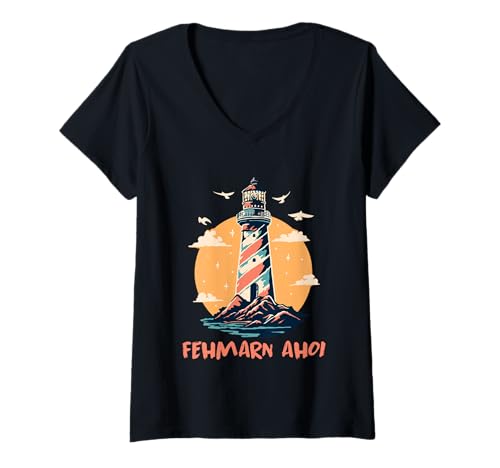 Damen Ostsee Urlaub FEHMARN AHOI Lustiges Fehmarn Souvenier T-Shirt mit V-Ausschnitt von Fehmarn Geschenk Ostsee Shirt Fehmarn Souvenier