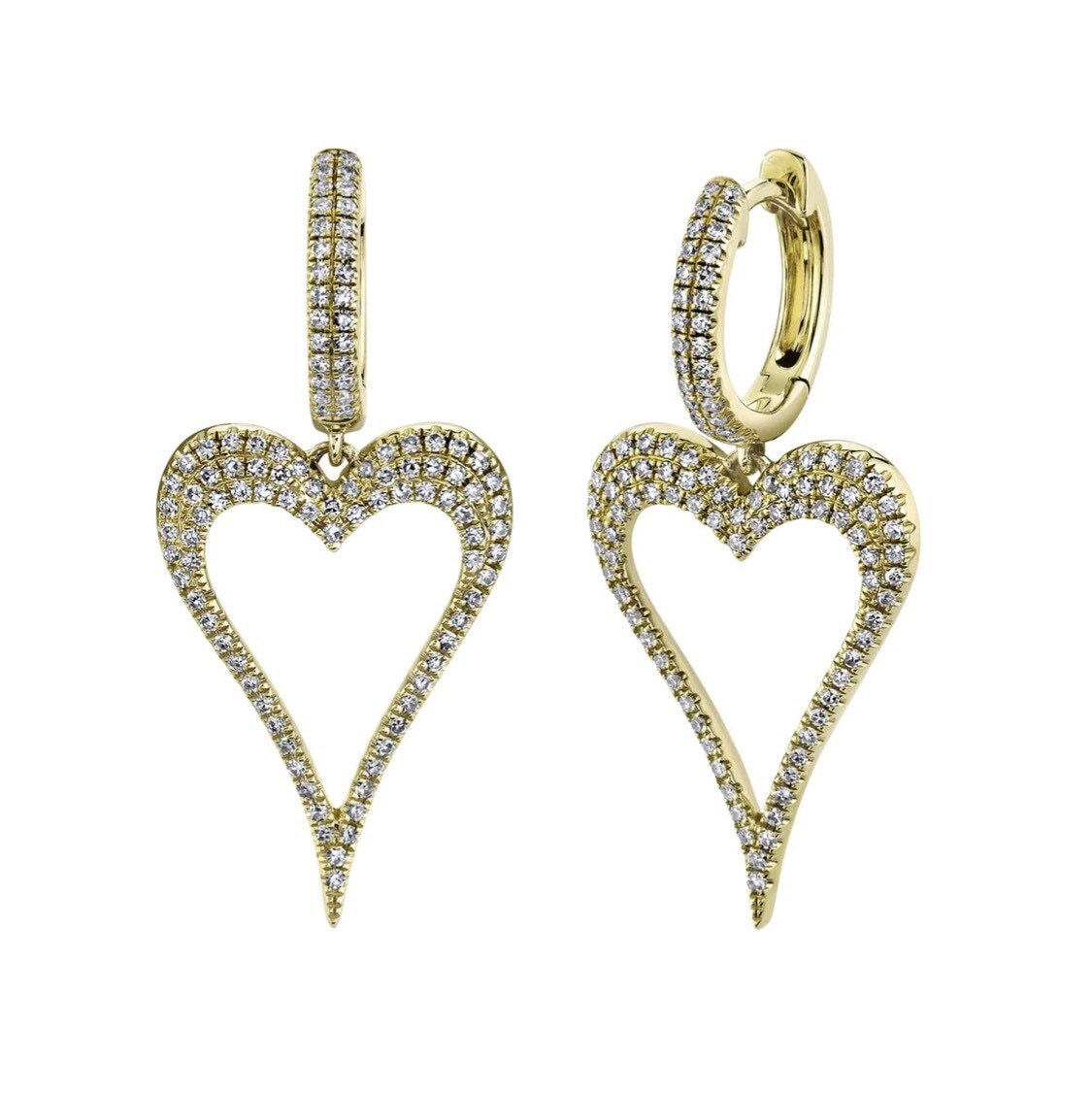 14K Gelbgold Diamant Micro Pave Herz Baumelnde Ohrringe #2840 von FehmisCreations