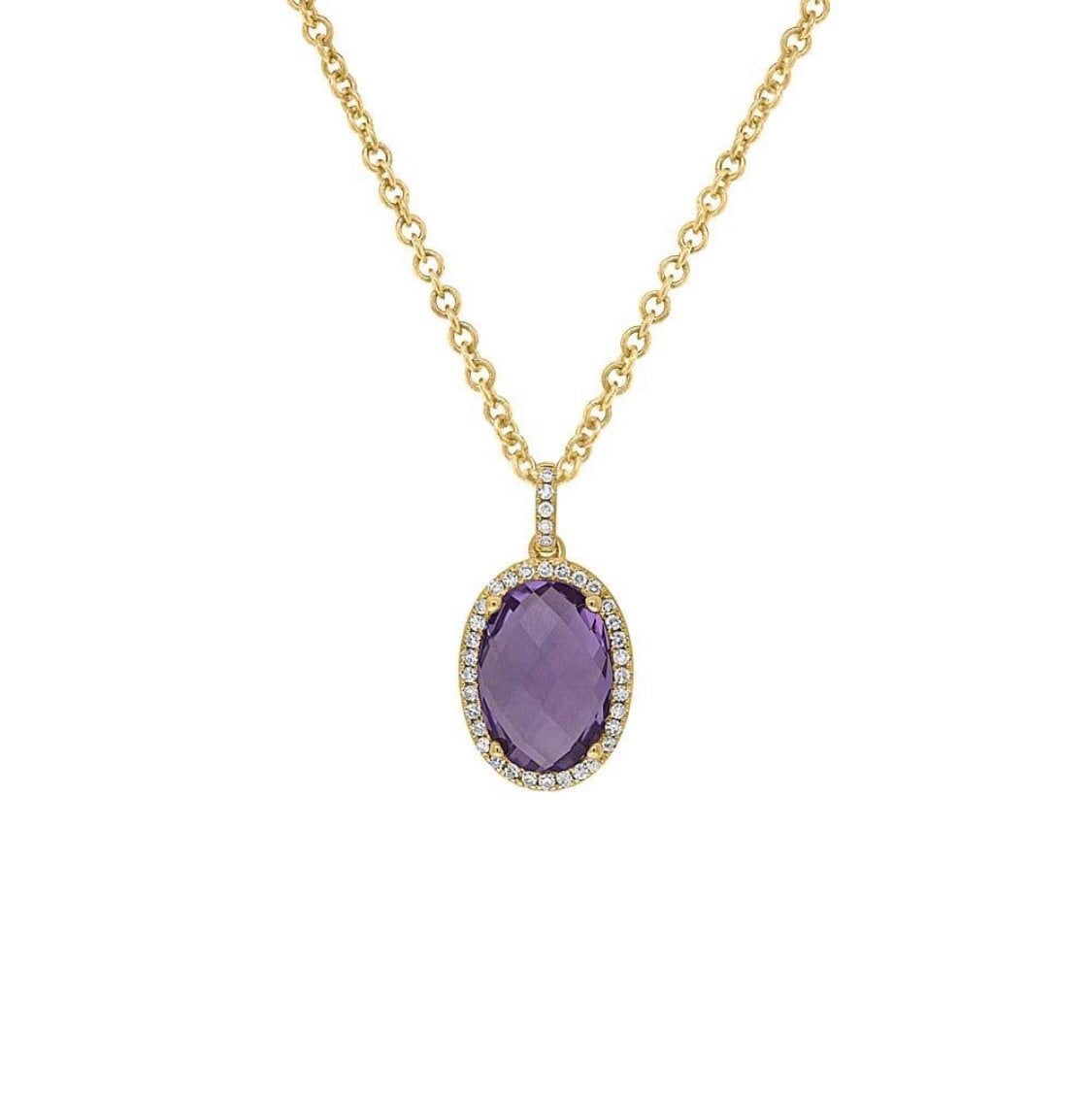 14K Gelbgold Halo Diamant Und Ovale Form Amethyst Anhänger, Februar Geburtsstein Halskette #1128 von FehmisCreations