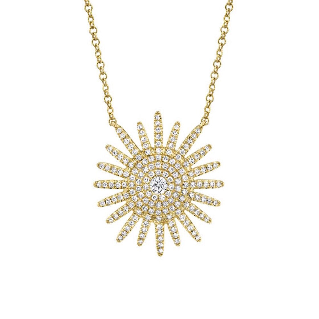 14K Gelbgold Micro Pave Diamant Sunburst Sun Starburst Stern Anhänger, Halskette #2152 von FehmisCreations