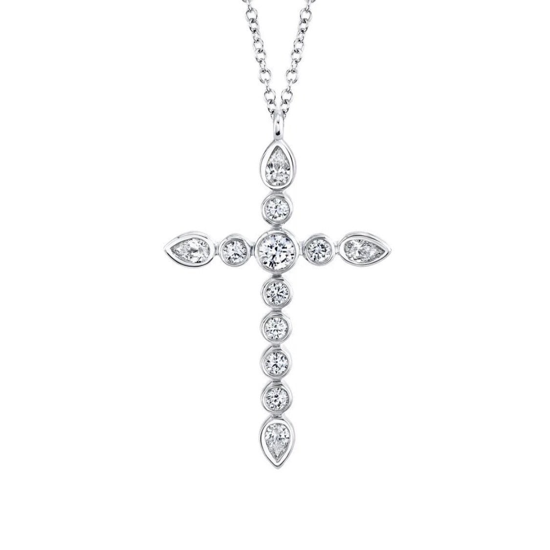 14K Weißgold Rund Und Birnen Form Diamant Lünette Medium Kreuz Anhänger, Halskette #2936 von FehmisCreations