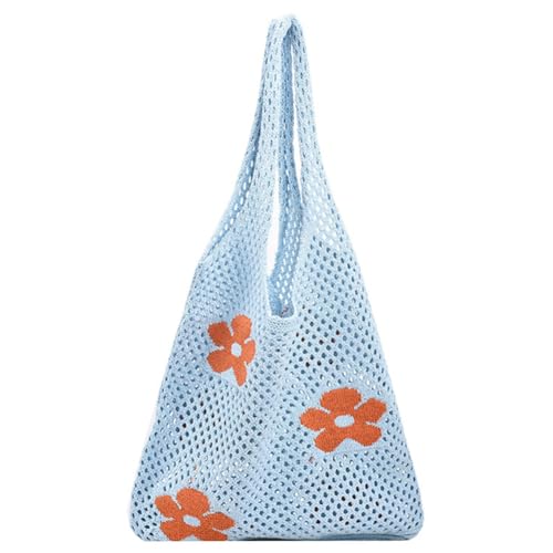 Fehploh Ästhetische Umhängetasche für Damen, Blumenmuster, Strick-Tragetasche, große Kapazität, Strick-Einkaufshandtasche, Damen-Outdoor-Tasche (blau) von Fehploh