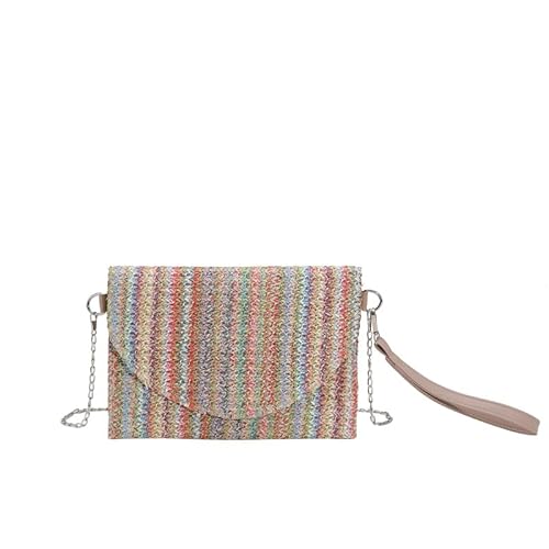 Fehploh Boho Stroh-Clutch mit Kettenriemen, bunt gestreift, gewebt, Umschlag, Geldbörse, Umhängetasche, Schultertasche, Armband für Damen, grün, 255*180*20mm von Fehploh