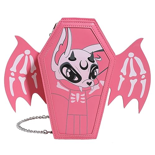 Fehploh Cartoon Gothic Münzgeldbörse, multifunktionaler Riemen, verstellbar, PU-Leder, Neuheit, Damen, Fledermausflügel, Umhängetasche, Halloween, vielseitige Tasche (Rosa) von Fehploh