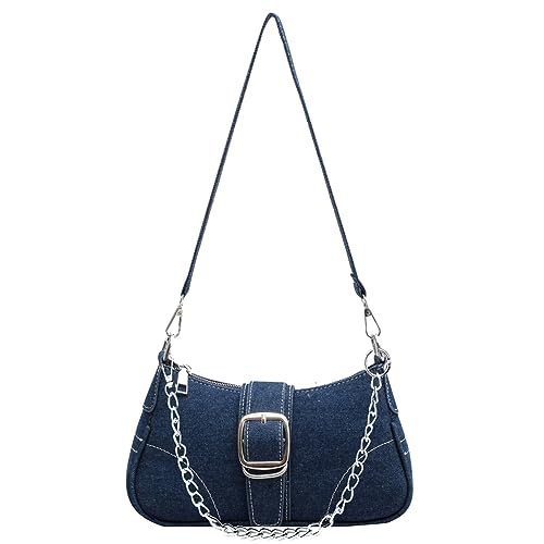 Fehploh Damen-Denim-Umhängetasche, Schnalle, Dekor, Reißverschluss, Tragetasche, modische Kette, Geldbörse, lässige Abendtasche, dunkelblau, 250.00x130.00x70.00mm/9.84x5.12x2.76inch von Fehploh