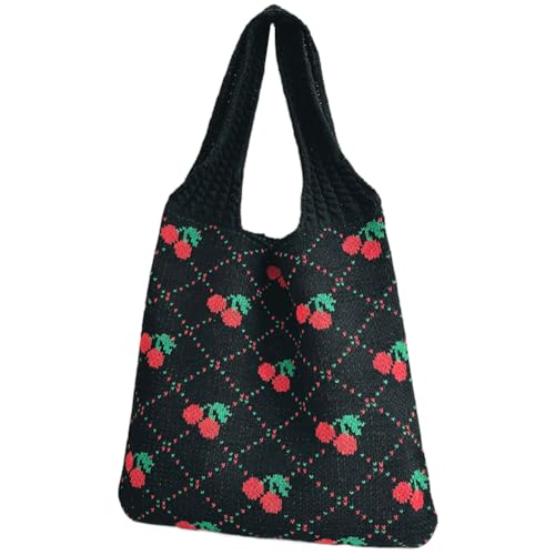 Fehploh Damen-Handtasche, gehäkelt, mit Kirschmuster, gehäkelte Einkaufstasche, Kontrastfarbe, Reise-Einkaufshandtasche, Damen-Tageshandtasche (schwarz) von Fehploh