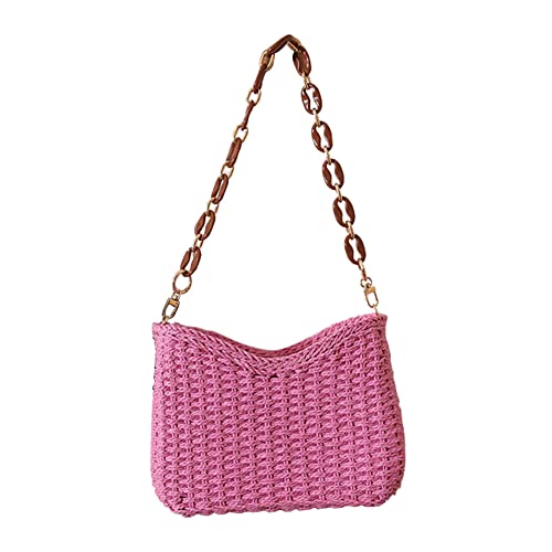 Fehploh Damen-Handtasche mit Kette, lässig, Stroh, einfarbig, gewebt, Damen-Clutch (Rosa) von Fehploh