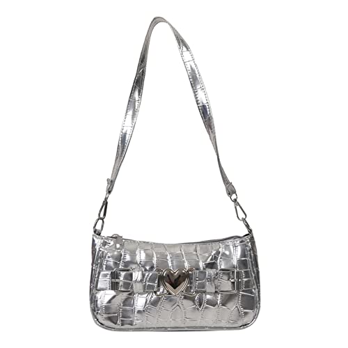 Fehploh Damen-Leder-Handtaschen mit Alligator-Muster, Y2K, Achseltasche, PU, Herz, Dornschließe, modisch, einfarbig, elegant, weibliche Clutch, silber, About 22.5x12x7cm/8.85x4.72x2.75in von Fehploh