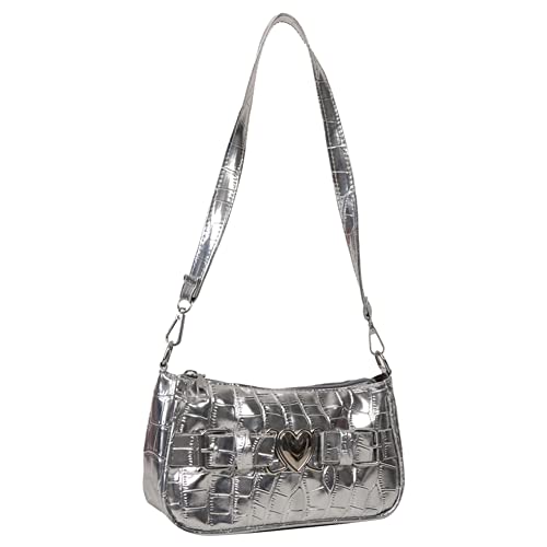 Fehploh Damen-Lederhandtaschen, Alligatormuster, Y2K-Geldbörse, Hobos-Tasche, PU-Herz-Dornschnalle, modische einfarbige Damen-Tragetaschen (Silber) von Fehploh