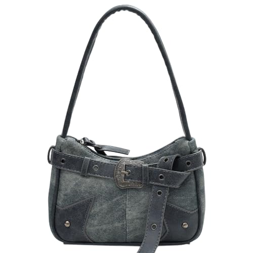 Fehploh Damen Patchwork-Achseltasche, Reißverschluss, Nietengürtel, modische Umhängetasche, großes Fassungsvermögen, Motorrad für Outdoor-Reisen, blau, 9.06*6.3*3.15inch von Fehploh