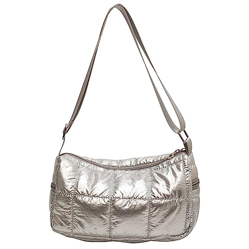 Fehploh Damen-Schultertaschen, Schachbrettmuster, gesteppt, modisch, schlicht, elegant, Nylon, weibliche Handtaschen, silber, 25x15x10cm/9.84x5.91x3.94in von Fehploh