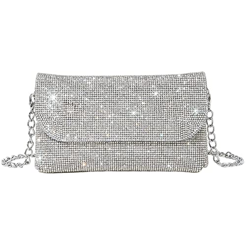 Fehploh Damen Strass Glänzende Tote Geldbörse Taschen 2023 Party Handy Taschen Mini Abendtaschen Weibliche Schultertaschen, silber, 17x4.5x9.5cm von Fehploh