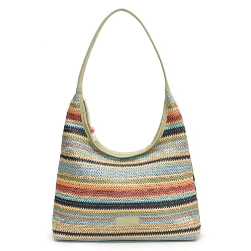 Fehploh Damen Stroh-Tragetasche, gewebt, gestreift, große Kapazität, Strand, Urlaub, Schultertasche, ethnischer Stil, Kontrastfarbe für Reisen, Einkaufen, 01, 13.78*4.72*13.78 von Fehploh