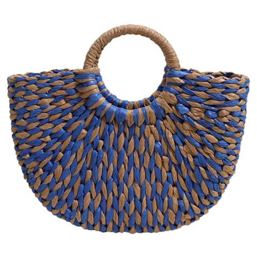 Fehploh Damen Stroh-Tragetasche, großes Fassungsvermögen, lässige Reisetasche, Farbe Clash, halbrund, gewebte Tasche, Sommer, Strand, blau, 11.81x6.69x2.76inch von Fehploh