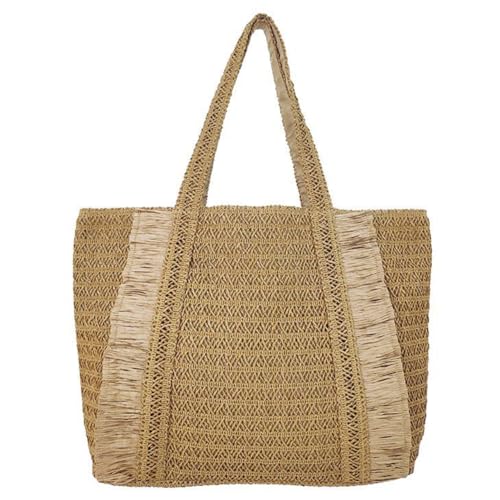 Fehploh Damen Stroh-Tragetasche, modisch, gewebt, großes Fassungsvermögen, handgewebt, Schultertasche, Weben, Schultertasche für Reisen, Urlaub, khaki, 500.00x320.00x120.00mm/19.69x12.6x4.72inch von Fehploh