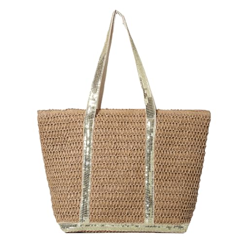 Fehploh Damen-Tragetasche aus Stroh, großes Fassungsvermögen, Pailletten, gehäkelt, Strandhandtasche, kontrastfarbenes Weben, Reisetasche, Damen-Sommer-Tagestasche (Gold) von Fehploh