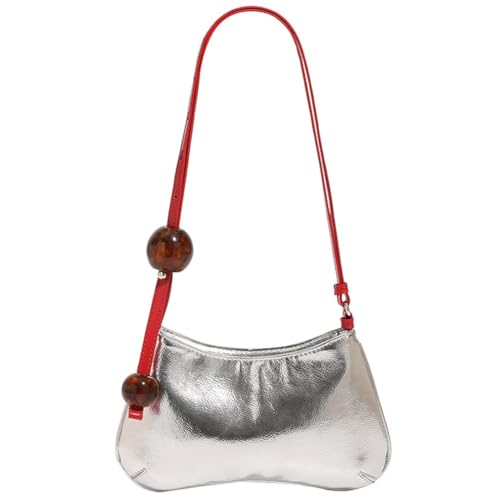 Fehploh Damen-Umhängetasche, modisch, PU-Leder, einfache Achselhandtasche mit Perlen, Spicy Girl Tote Handtasche, Mädchen-Outdoor-Tagestasche (Silber) von Fehploh