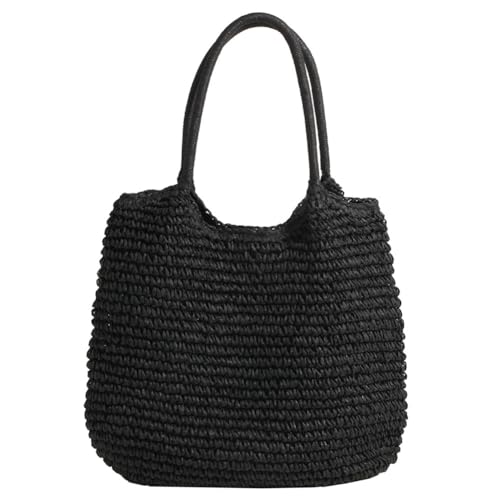 Fehploh Damen-Umhängetasche im Vintage-Stil, große Kapazität, gehäkelte Strandhandtasche, Haspenverschluss, Retro-Strohhandtasche, Damen-Sommer-Tagestasche (schwarz) von Fehploh