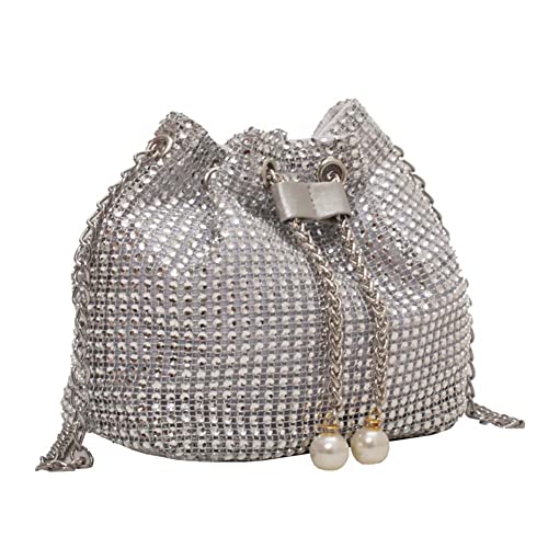 Fehploh Damen-Umhängetasche mit Kette, einfarbig, Strass, modische Beuteltasche, Kordelzug, glitzernde Umhängetasche, Dinner-Party-Tasche (Silber) von Fehploh