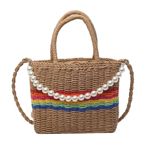 Fehploh Damen-Umhängetasche mit Kordelzug und perlengewebter Regenbogen-Handtasche, vielseitige, einfache Stroh-Umhängetasche, Sommer-Strand-Geldbörse (Khaki) von Fehploh