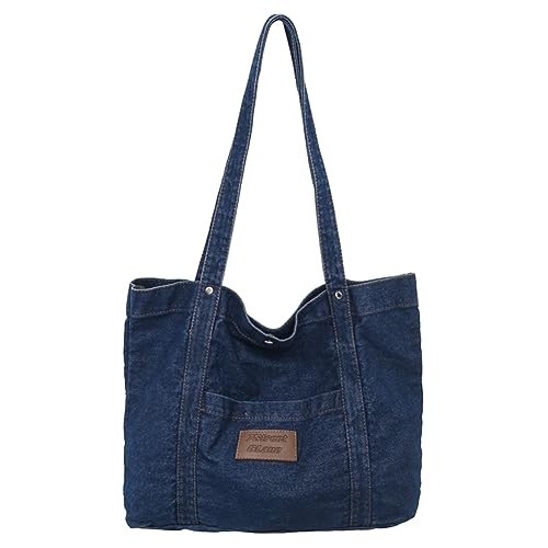 Fehploh Denim-Einkaufstasche mit großem Fassungsvermögen, vielseitige Einkaufstasche for Damen, Freizeit-Handtasche, einfarbig, for den täglichen Gebrauch (Dunkelblau) von Fehploh