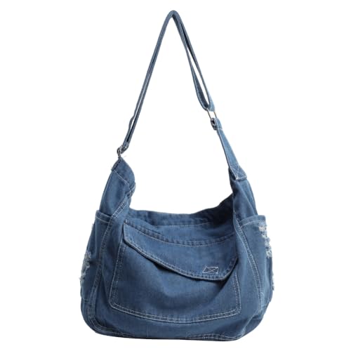 Fehploh Denim Fashion Große Kapazität Canvas Unterarmtasche mit Reißverschluss Verstellbarer Riemen Lässige Schultertasche Geldbörse Multi Pocket Messenger Bag für Damen und Mädchen, hellblau, von Fehploh